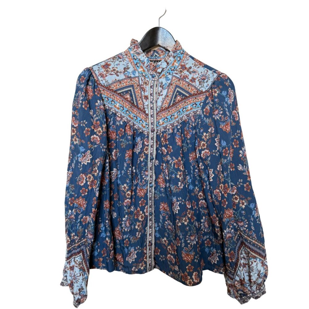 Fate Teal/Blue Multi Button Down Ruffle Neck Blouse  Size S